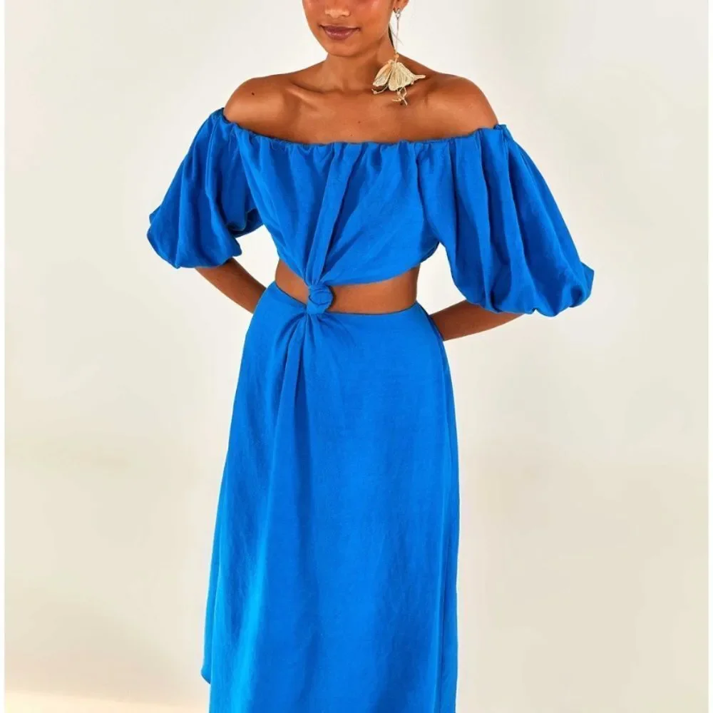 Farm Rio Knotted Linen Blend Blue Midi Cut Out Dress Off Shoulder Size L